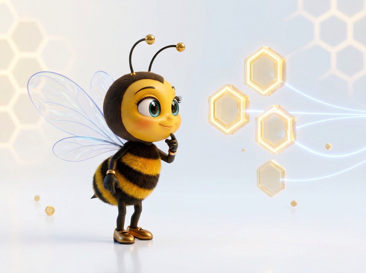Maya, la mascotte BeeStrat, observe calmement plusieurs directions possibles avant de choisir