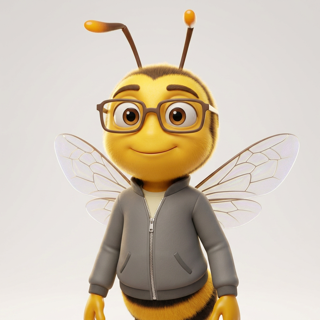L'abeille BeeStrat d'Olivier : silhouette plus fine, yeux marron, lunettes fines, veste grise, posture posée et sourire discret