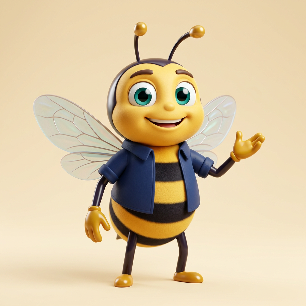 L'abeille BeeStrat de Sofiane : silhouette sportive, yeux bleu-vert, sans lunettes, surchemise bleu marine, main ouverte et sourire expressif