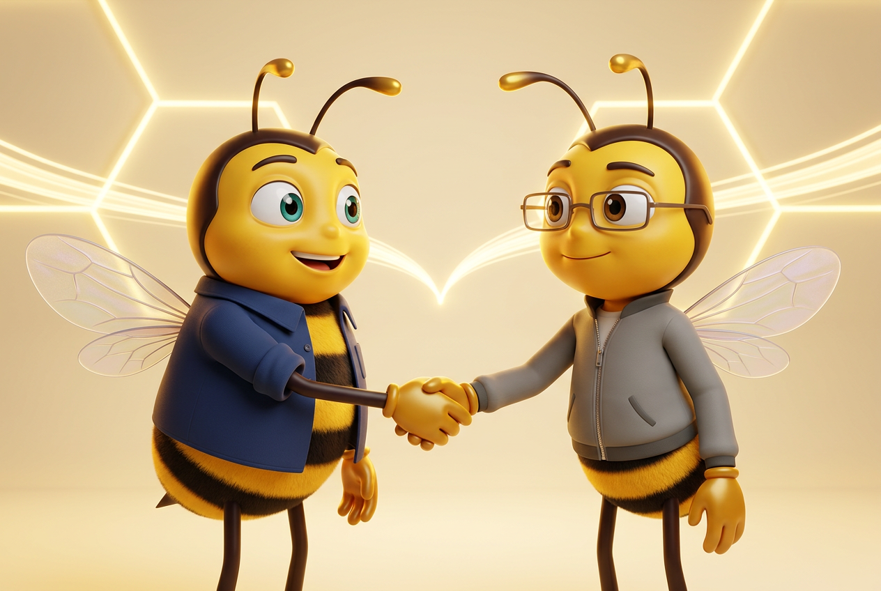 Les deux abeilles BeeStrat, Sofiane sans lunettes et Olivier avec ses lunettes, se serrent la main en se regardant, sourire complice : deux parcours qui décident d'avancer ensemble