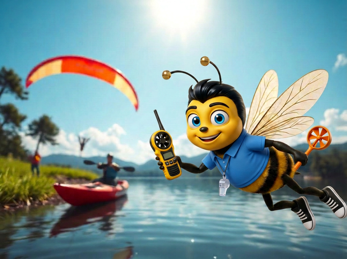 La mascotte BeeStrat vole au-dessus d'une activité de loisirs en extérieur