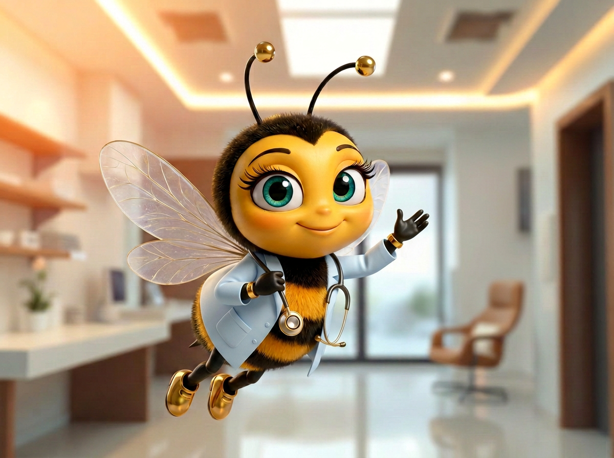 La mascotte BeeStrat présente une analyse dans un cabinet de santé