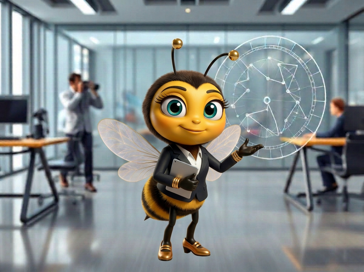 La mascotte BeeStrat présente un schéma stratégique dans un bureau