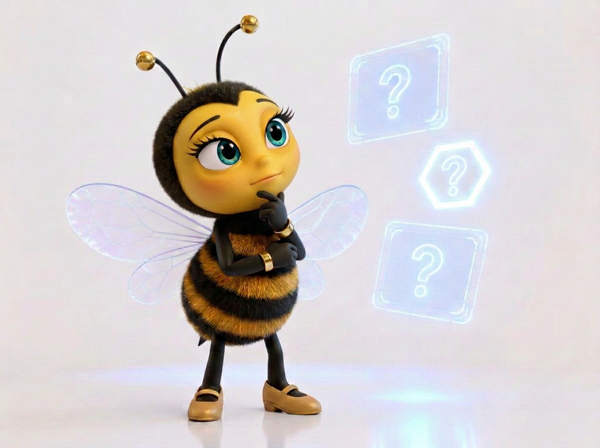 La mascotte BeeStrat réfléchit devant des questions avant de décider d'investir