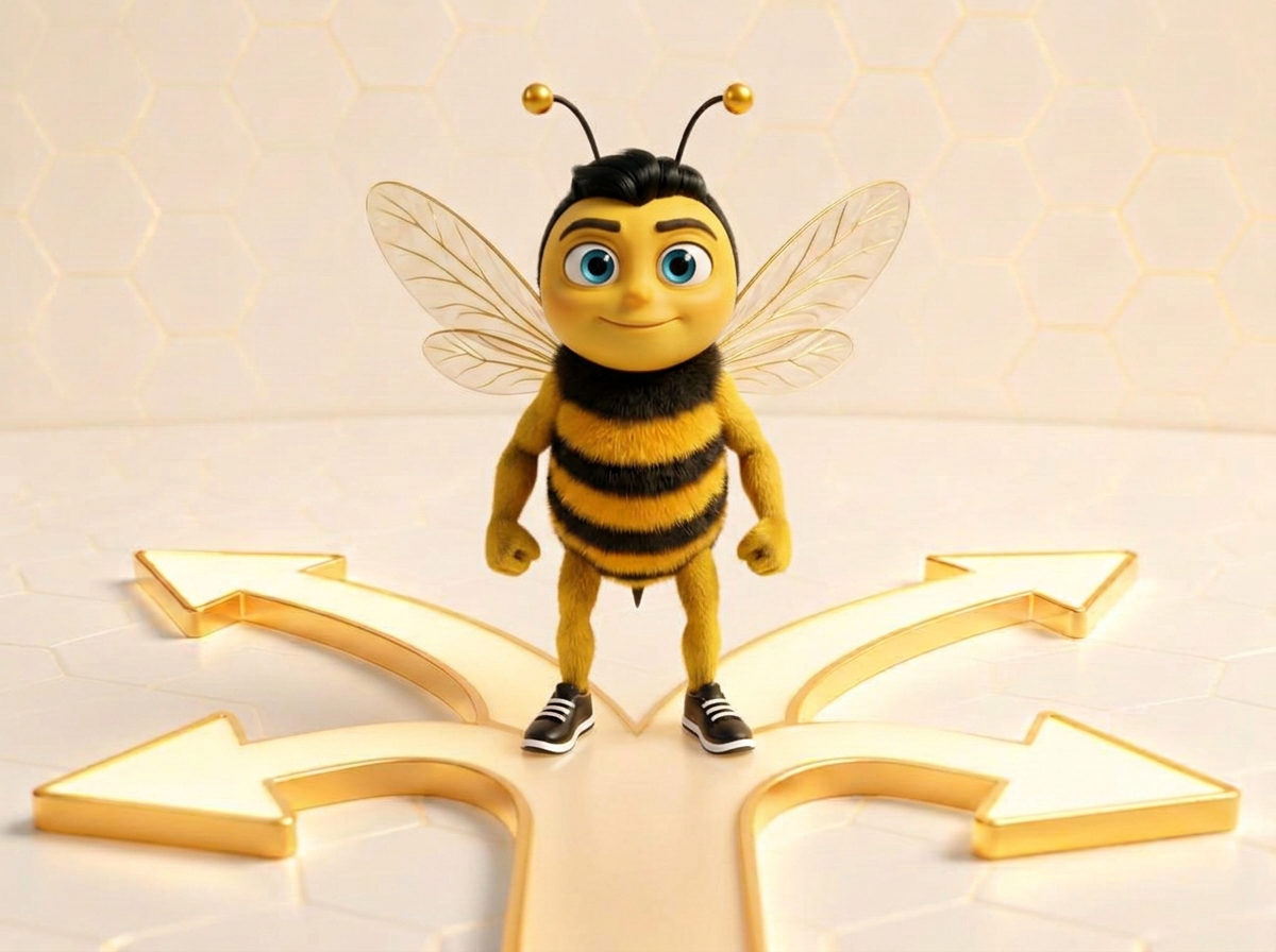 La mascotte BeeStrat réfléchit devant plusieurs directions possibles