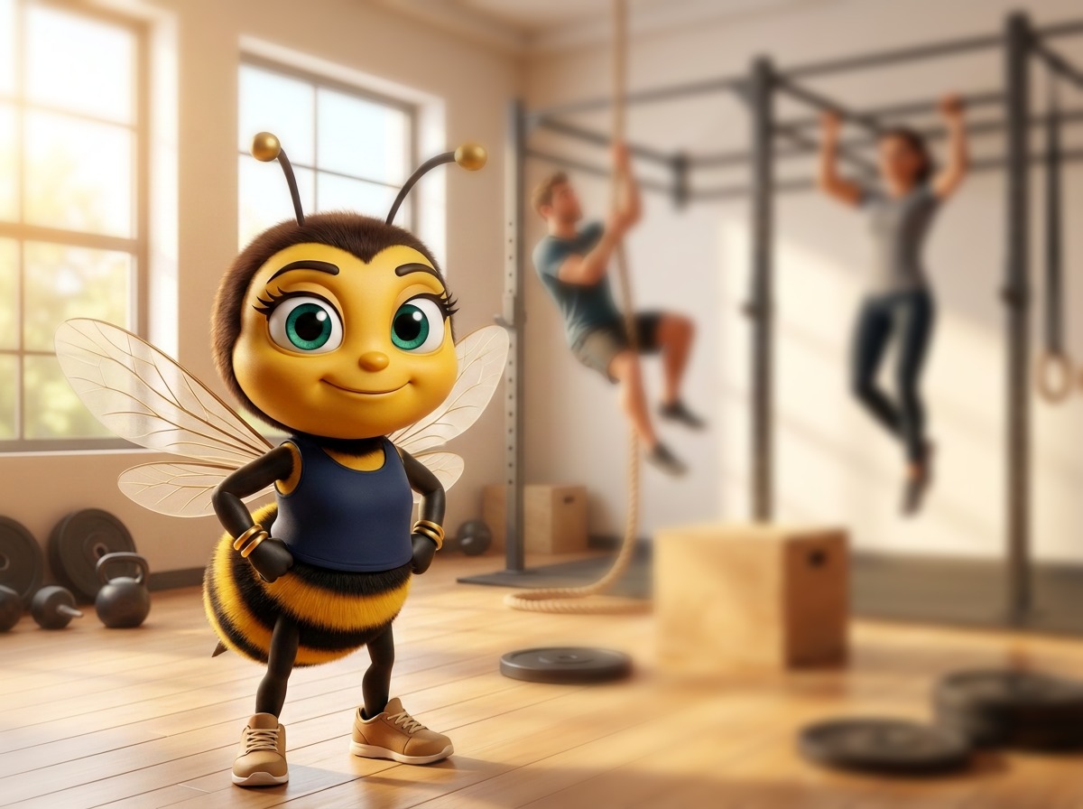 La mascotte BeeStrat suit une courbe de progression dans une salle de sport