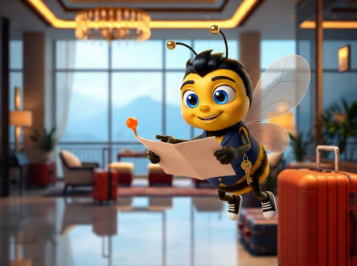 La mascotte BeeStrat tient une carte dans un hall d'hôtel